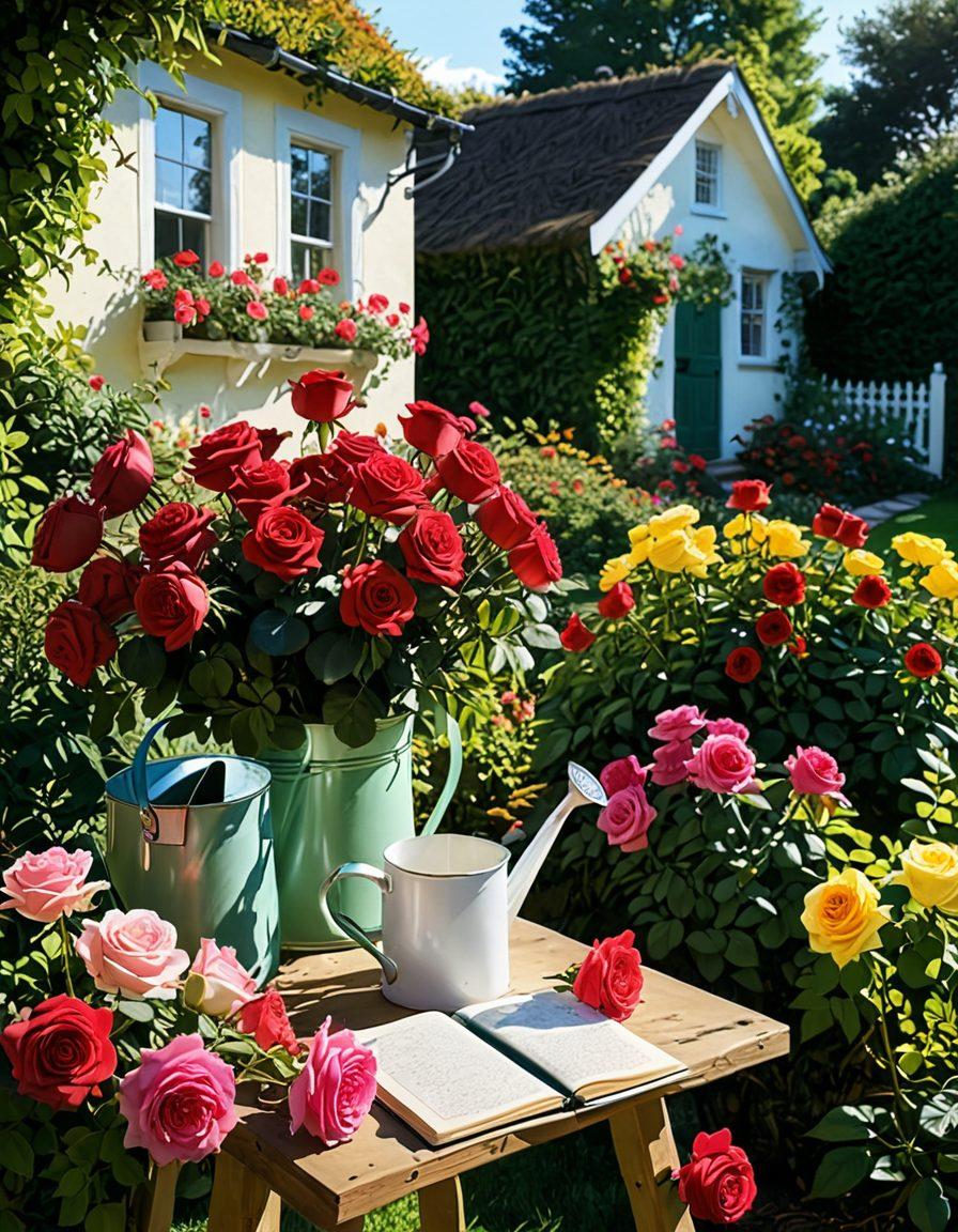 A lush garden scene showcasing an array of vibrant heirloom roses in full bloom, surrounded by gardening tools, a watering can, and a notebook with floral arrangement sketches. Sunlight filters through the leaves, casting gentle shadows on the ground. A serene backdrop of a quaint cottage adds charm to the composition. hyper-realistic. vivid colors. natural lighting.