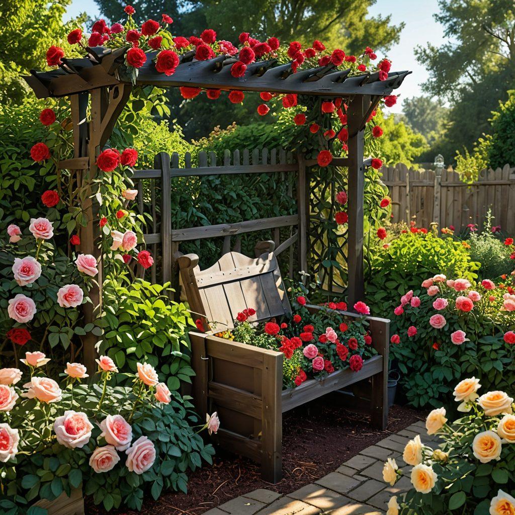 A lush garden scene bursting with vibrant heirloom rose varieties in full bloom, showcasing various colors and textures. Gentle rays of sunlight filter through green foliage, creating a serene atmosphere. Include a gardener tending to the roses, surrounded by eco-friendly gardening tools and a compost bin. The background features a small wooden trellis entwined with climbing roses. super-realistic. vibrant colors. natural lighting.